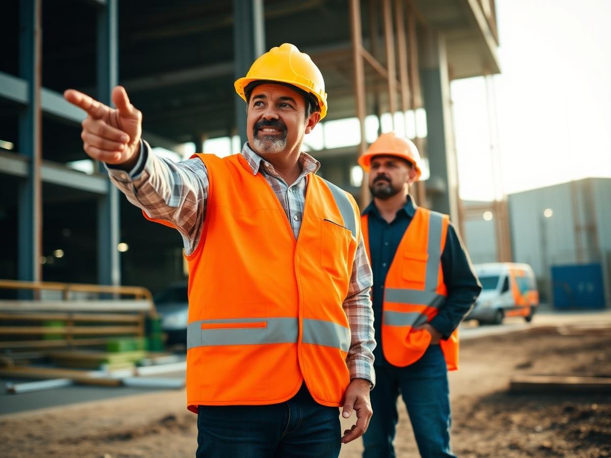 Site manager directing work at a commercial construction project